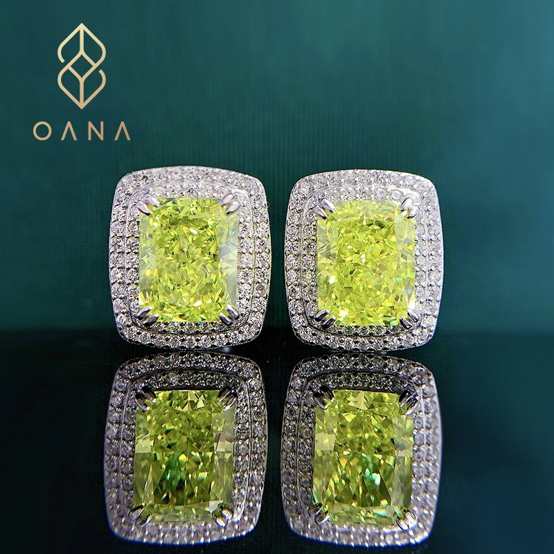 

OANA S925 Silver Olive Green Women'S Earrings Square High-End Yellow Diamond Fashion Ins Temperament All-Match Jewelry