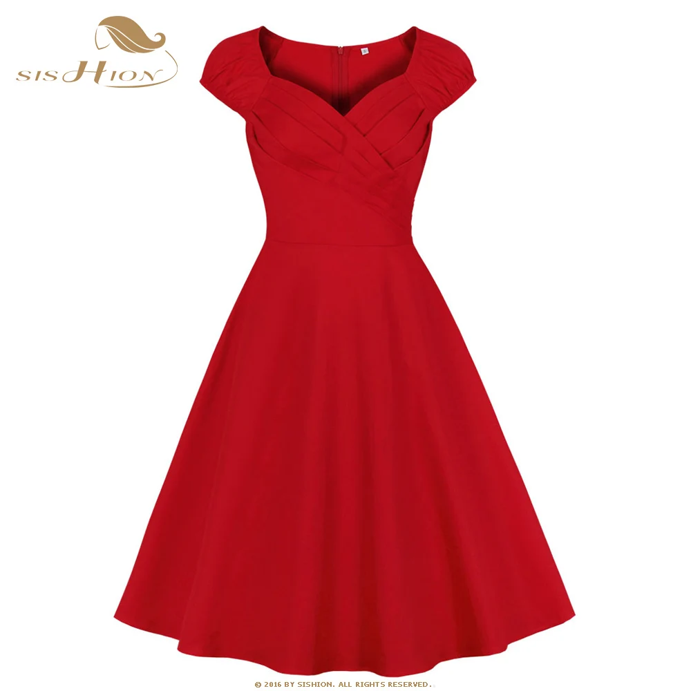 

Женское винтажное платье миди SISHION, однотонное Хлопковое платье с коротким рукавом и V-образным вырезом, красное, синее платье в стиле ретро 50-60-х годов, VD2281, лето 2023