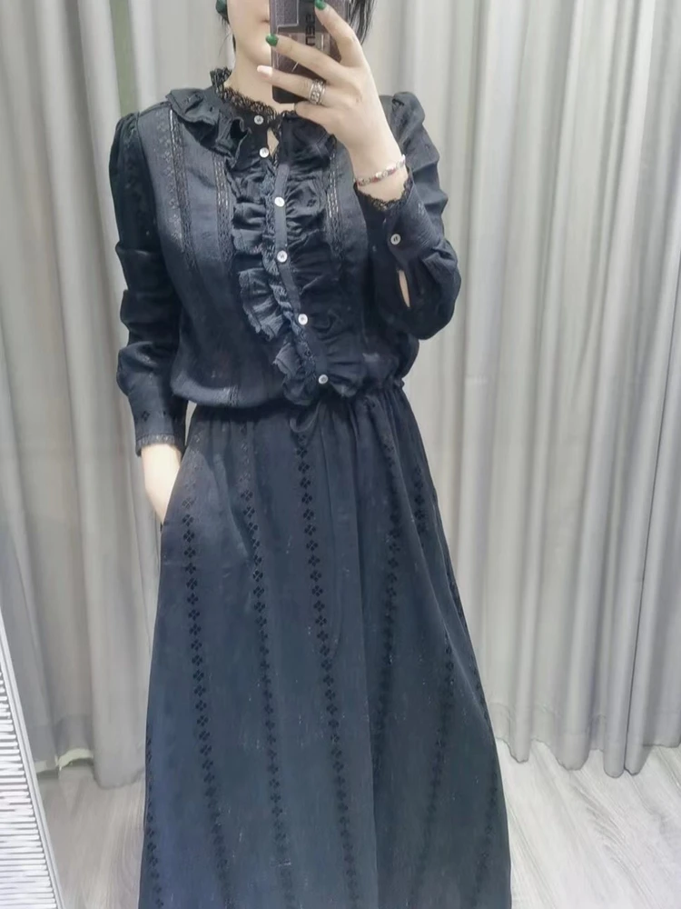 

Женское ажурное платье средней длины, платье с длинным рукавом и оборками на воротнике, лето 2023