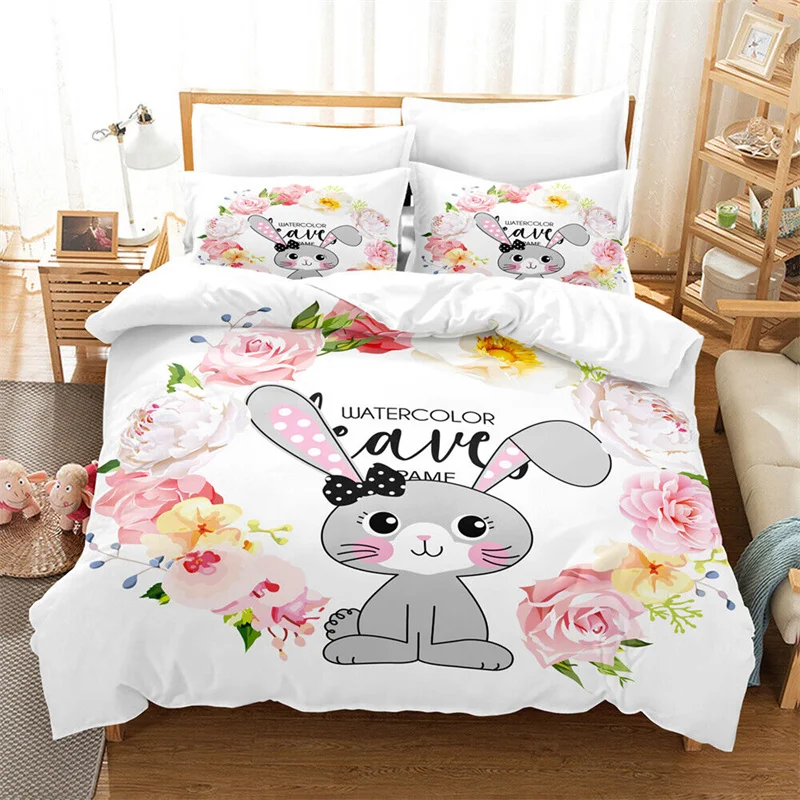 

Bunnies Duvet Cover Mushroom Floral Bedding Set Cute Animal Rabbit Quilt Cover Twin Size Greetings and Presents for Easter Day
