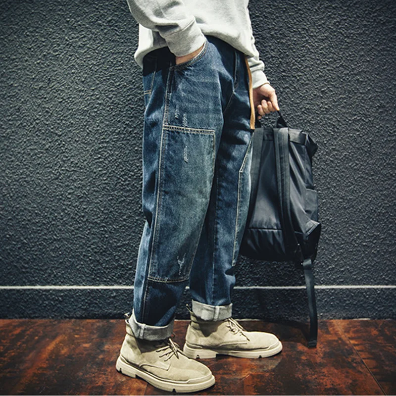 Streetwear Men 2022 New Style Pattern Recreational Blue Cargo Pants Straight Cylinder Comfortable Loose Large Jeans Autumn Women
