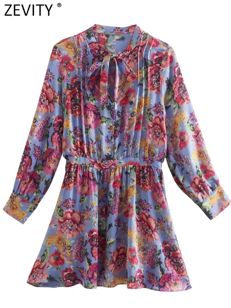 

ZEVITY Women Fashion V Neck Bow Tied Floral Leaves Print Satin Mini Dress Female Chic Elastic Waist Slim Vestidos Mujer DS9381
