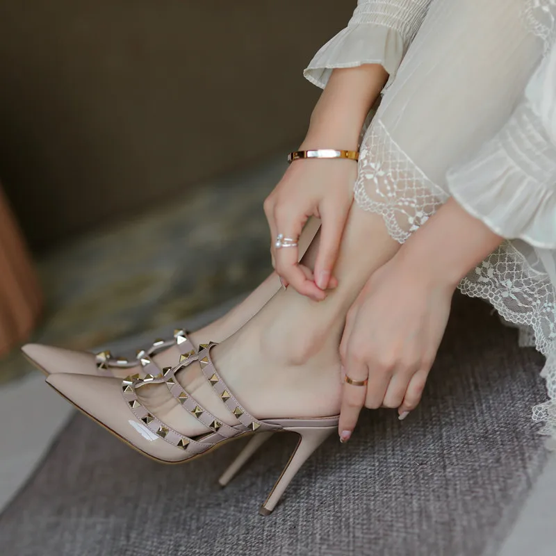 For Women's Shoes Brand High Heels Shoes Summer Sandals Leather Designer Rivet Pumps Casual Pointed Toe Slippers 6cm 8cm 10cm