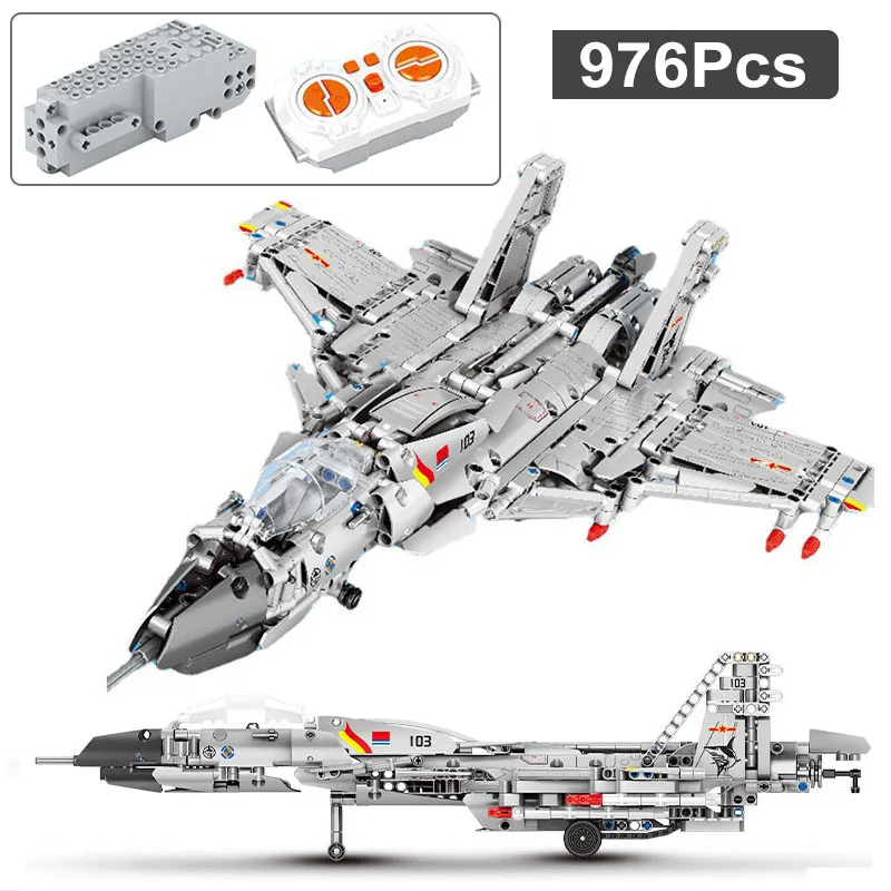 

Technical Military 976Pcs Remote Control J15 Fighter Aircraft Model Building Blocks WW2 RC Army Airplane Bricks MOC Toy Kid Gift