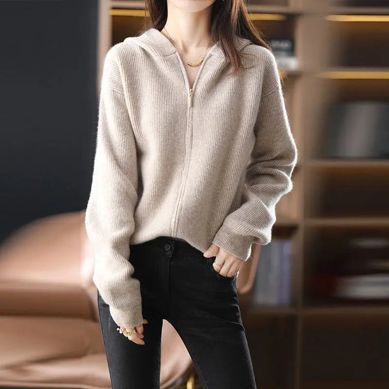 

Hooded Knitted Cardigan Sweater Top for Women Autumn and Winter Long Sleeve Solid Fashion Loose Sweater Cardigan Coat for Women