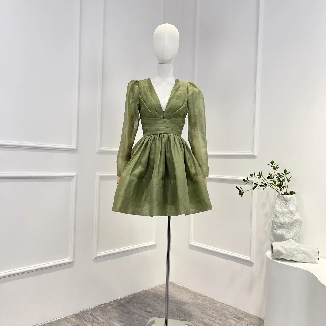 

Однотонное 2023 зеленое Новое поступление весенне-летнее винтажное высококачественное льняное шелковое платье-мини со складками и длинными рукавами для женщин