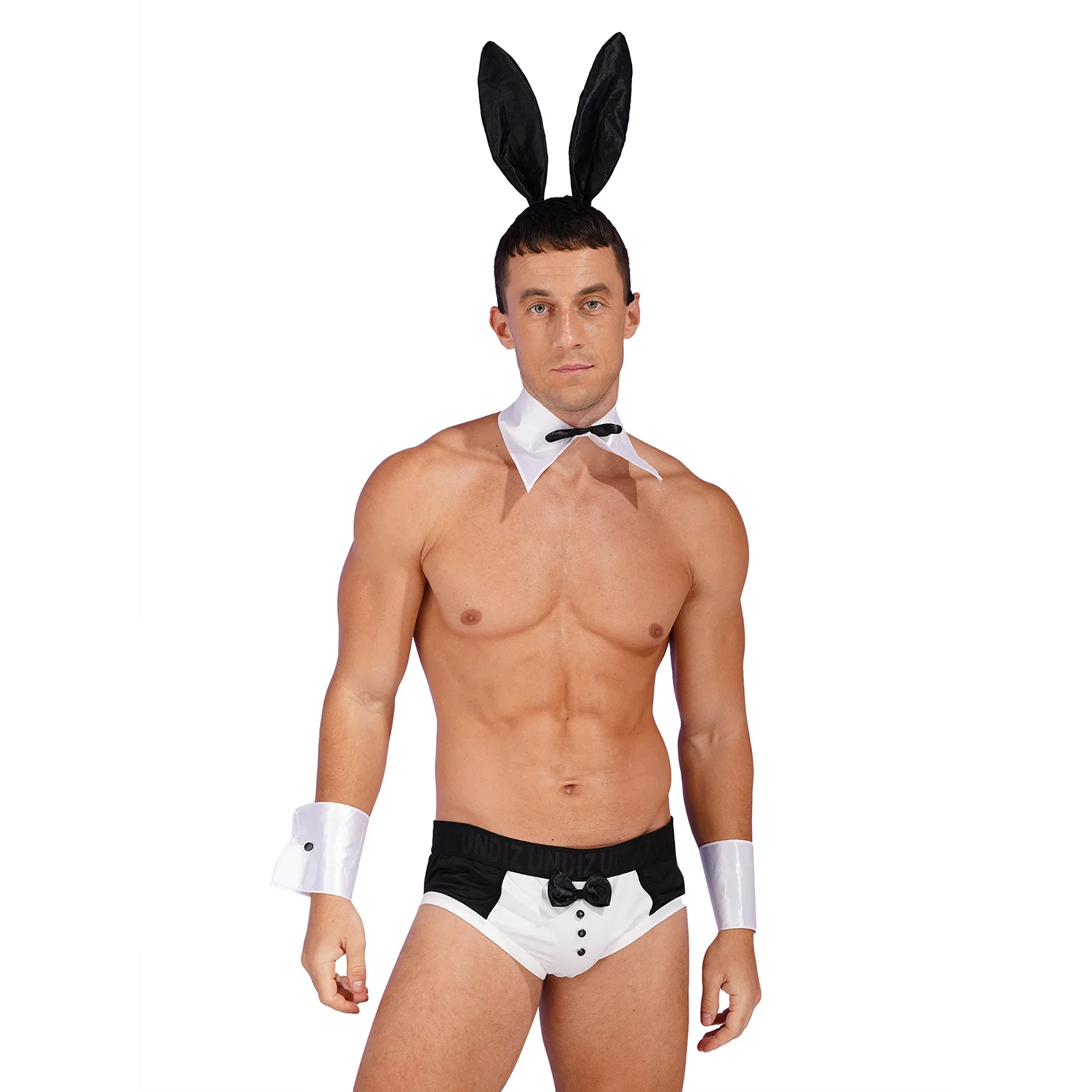 

Mens Bunny Cosplay Costume Lingerie Color Block Bowknot Briefs Underwear with Bunnies Ears Headband Bowtie Collar And Cuffs Set