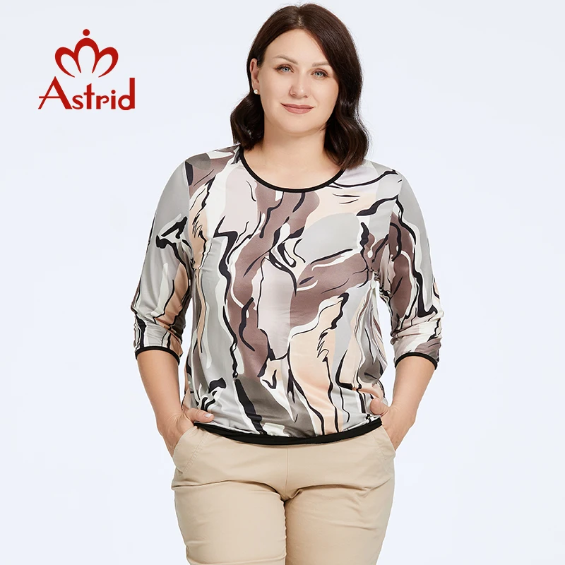 Astrid Осенняя Женская футболка из 2023 хлопка с круглым вырезом женская большого