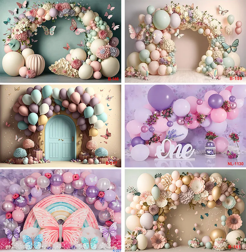 Фон для фотосъемки с розовыми цветами воздушными шарами бабочкой девушками на 1-й