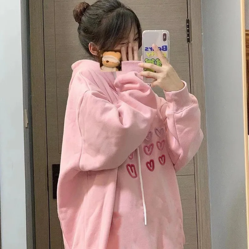 

Heart Embroidery Fleece Autumn Preppy Style Loose Hooded Sudadera Harajuku Women Sweatshirts Pink Sweet Pullovers Street Y2k