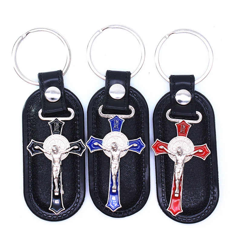 

Leather Cross Jesus Keychains For Men Women Catholic Christian Religion Crosses Key Chains Bag Pendant Souvenirs Gif