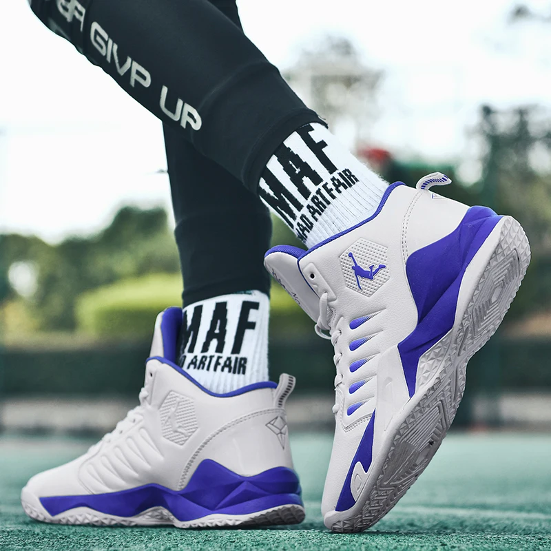 New Men Basketball Sneakers Higher Bottom Medium Cut Leather Waterproof Teenagers Shoes Men's Wear Resistant Training Footwear