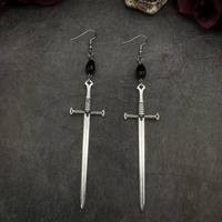 black crystal sword earrings silver plated super long shoulder dusters gothic earrings witchy goddess goth dangle earring