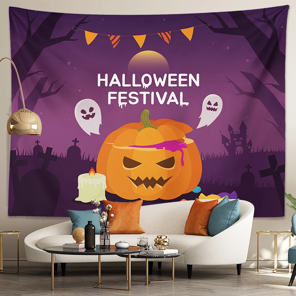 

Castle Halloween Tapestry Scary Carved Pumpkin Lantern Spooky Bats Spider Tapestries Bedroom Living Room Dorm Decor Wall Hanging
