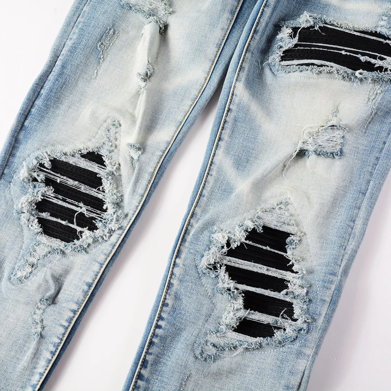 High Street Fashion Men Jeans Retro Light Blue Stretch Skinny Fit Ripped Jeans Men Leather Patched Designer Hip Hop Brand Pants