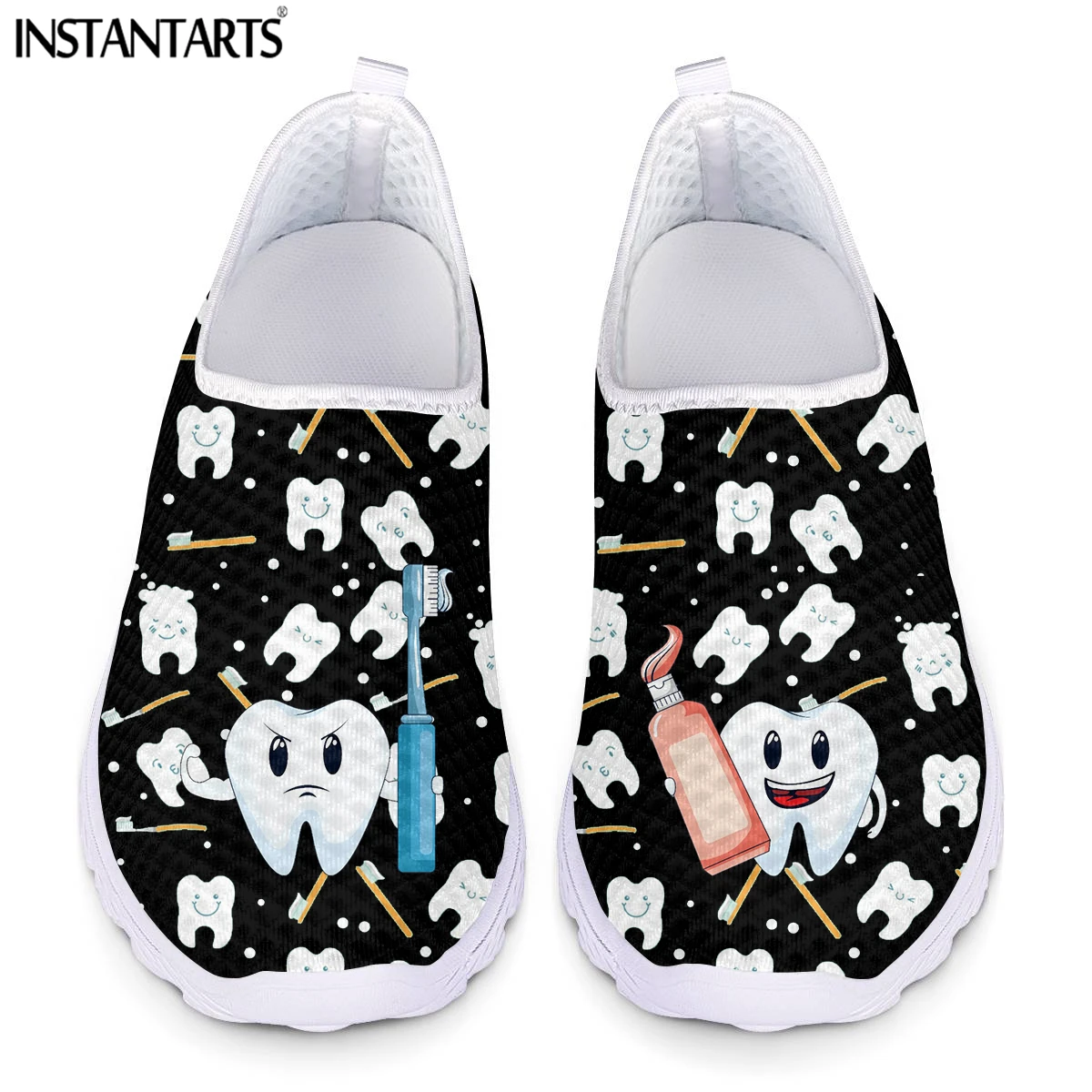 

INSTANTARTS Summer Breathable Slip-on Mesh Sneakers Lovely Cartoon Dental Tooth Brother Flat Shoes for Women Lazy Loafers 2022