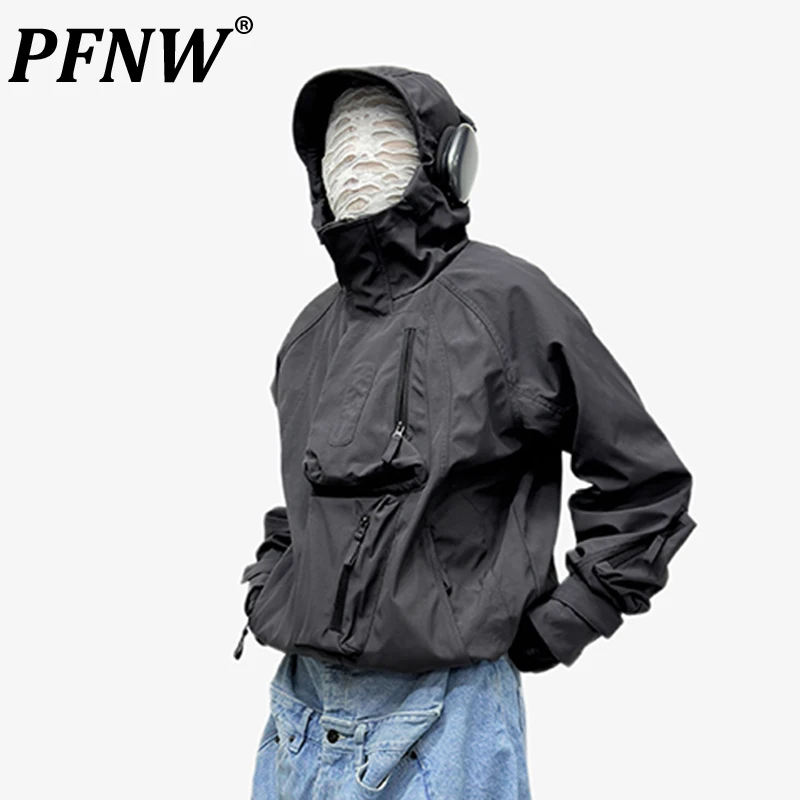 

PFNW Autumn Winter Men's Tide Streetwear Hooded Jackets Loose Fashion Zipper Patchwork Darkwear Safari Style Casual Coat 12A7207