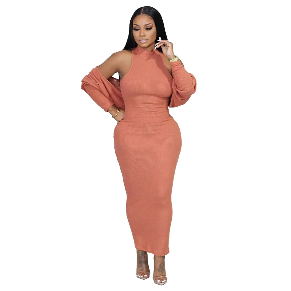 

Модное женское трикотажное Ребристое платье макси без рукавов облегающее длинное платье и пальто Топы Комплект из двух предметов