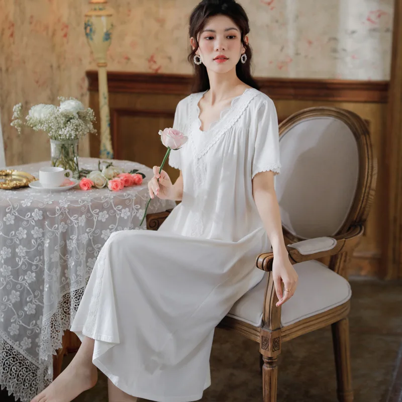 Cotton Short Sleeve Night Dress Women White Fairy Long Peignoir Loose Robe Vintage Lace Victorian Nightgowns Princess Sleepwear