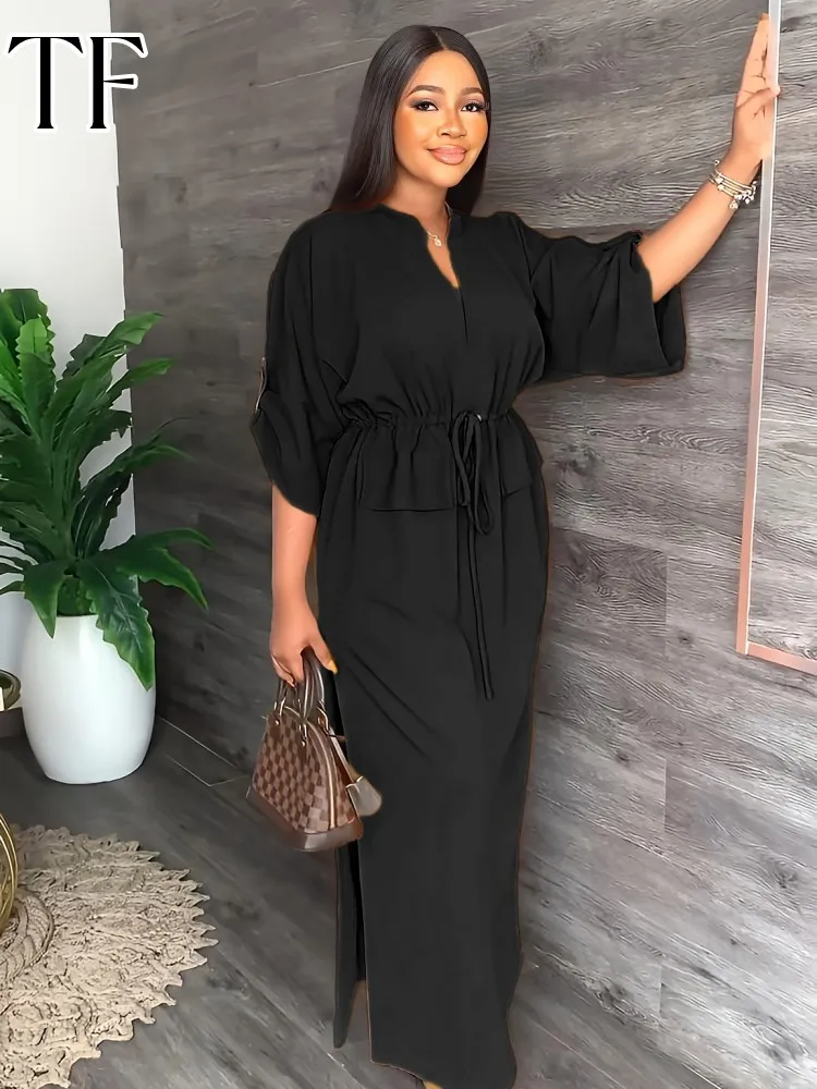 Summer Muslim Fashion Abaya Dubai Dress for Women Sexy V-neck Solid Dresses Lace Up High Waist Loose Robe Arabic Turkish Dresses