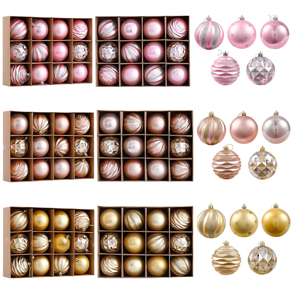 

12Pcs/box Rose Gold Plastic Christmas Balls Ornament 8cm Hang Pendant Ball Indoor New Year Xmas Tree Decor Christmas Decorations