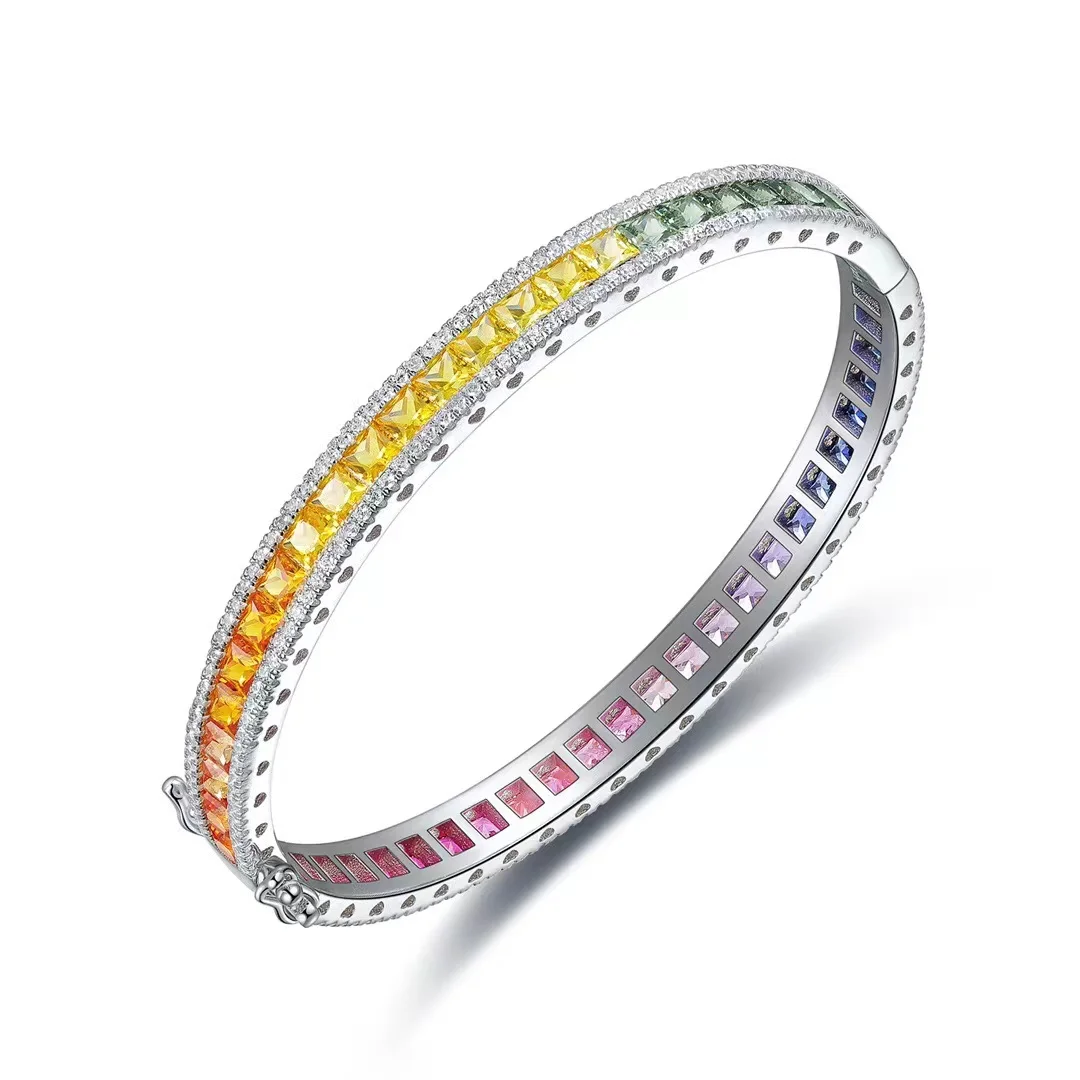 

Free Shipping Colorful S925 Silver Gemstone Bracelet Lab Created Rainbow Sapphire Fine Jewelry For Woman Pandora Bracelet