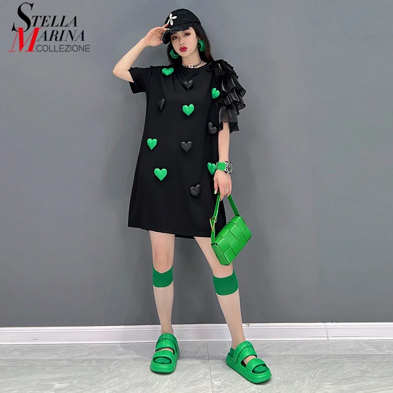 

European Fashion New Summer Casual Petal Sleeve Black Midi Dress Big Size Loose Fit Hearts Appliques Unique Style Dress APP110