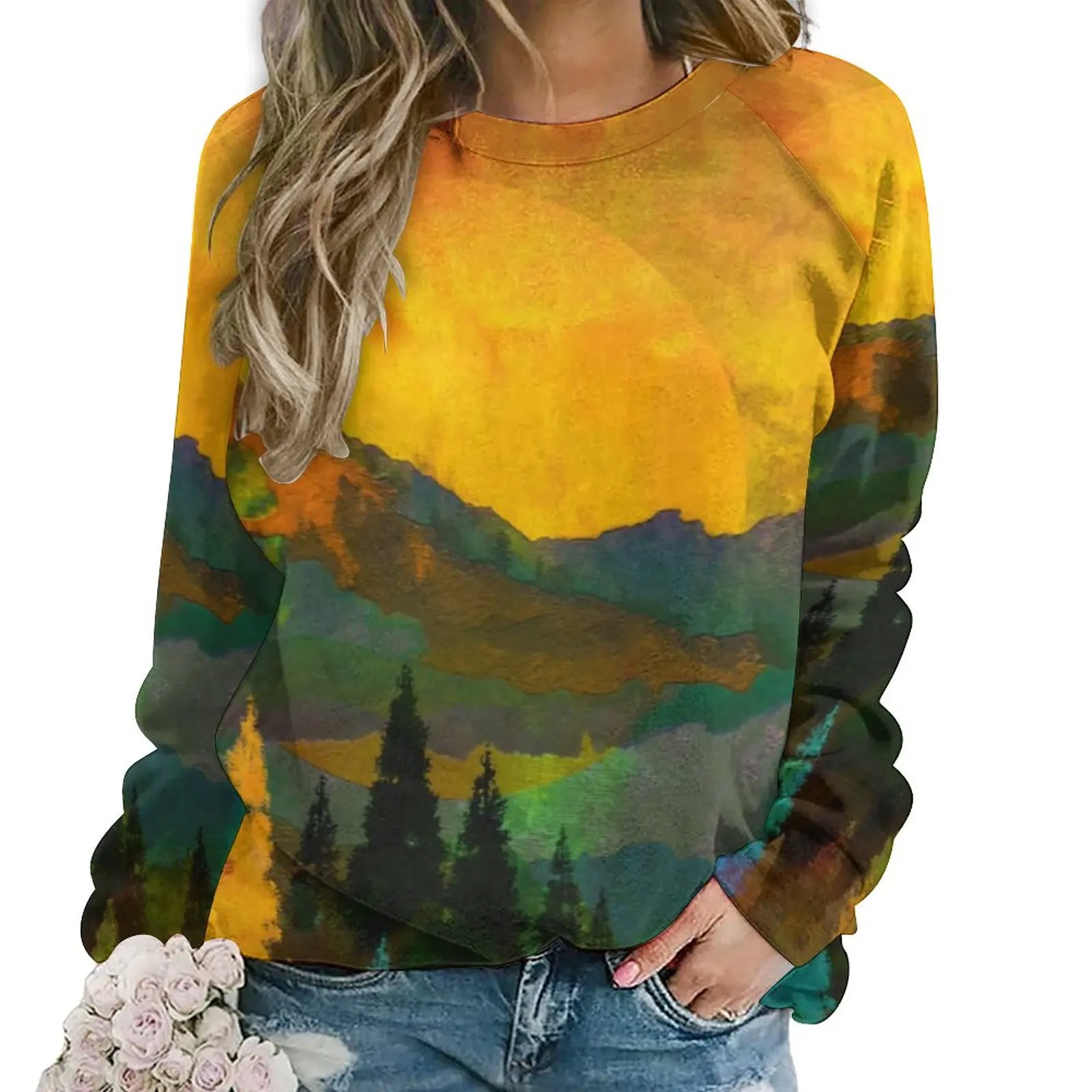 

Sunset Casual Hoodies Female Trees and Mountains Elegant Custom Hoodie Spring Long Sleeve Street Style Oversized Sweatshirts