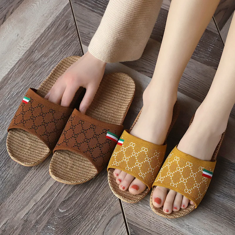 Suihyung-Zapatillas de casa de verano para hombre y mujer, chanclas de lino para interiores, con cinturón a cuadros, novedad