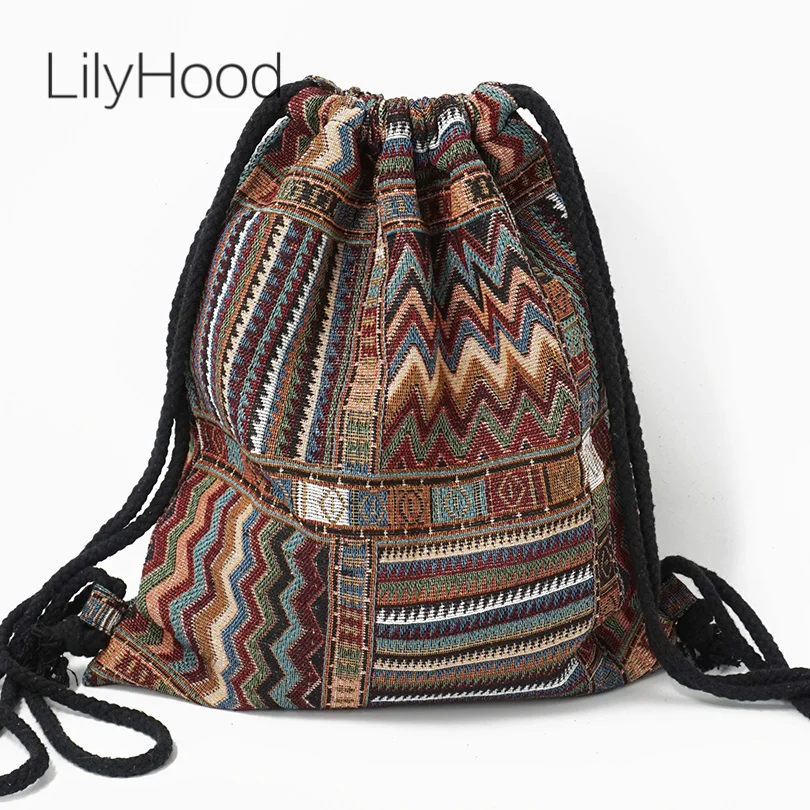 

2023 Women Fabric Backpack Female Gypsy Bohemian Boho Chic Aztec Ibiza Tribal Ethnic Cottage Soft Brown Drawstring Rucksack Bags