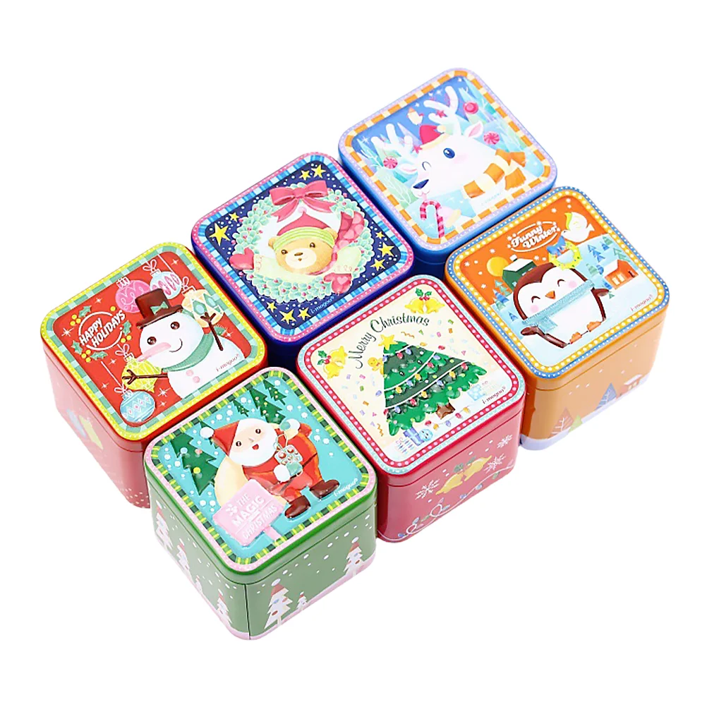 

6Pcs Square Tinplate Iron Box Adorable Candy Jar Xmas Cookie Box (Random Style)