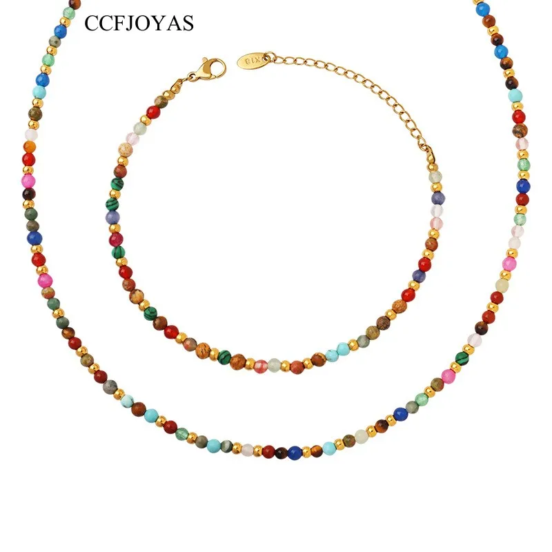 

CCFJOYAS Colorful Natural Stone Titanium Steel Beaded Necklace Bracelet Fashion Accessories Bohemian Ethnic Style Jewelry Set