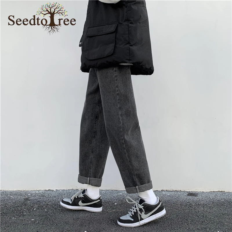 Men's Casual Jeans Elastic Waist Denim Trousers Loose Ankle Length Pants