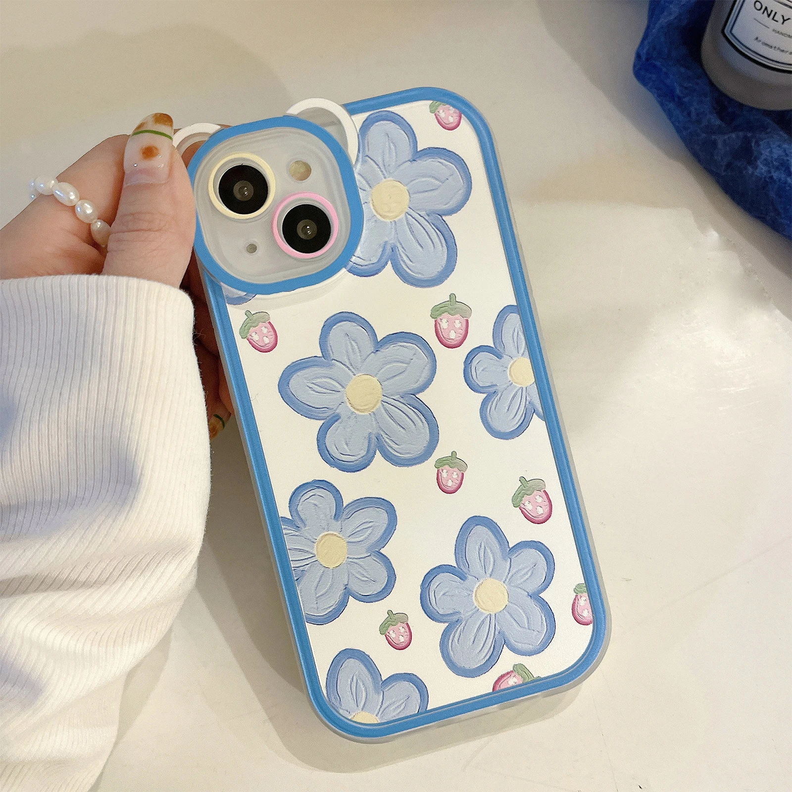 Милый корейский чехол для телефона с голубыми цветами и клубникой iPhone 13 11 12 Pro Max X