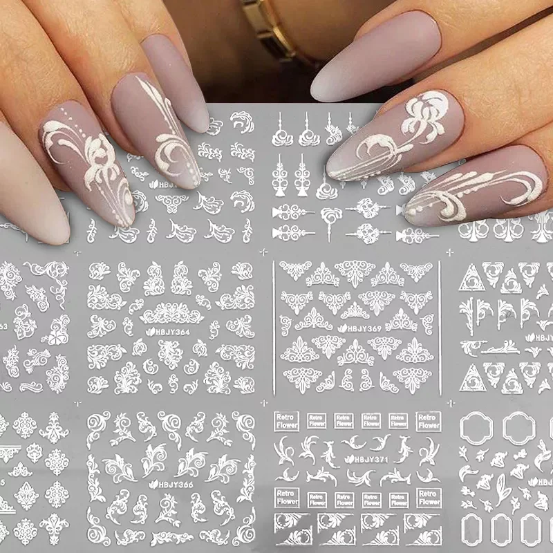 

2022NEW Flower Leaf Lace 3D Stickers for Nail Decals Mandala Flowers White Black Slider Manicure Nail Art Decoration DIY