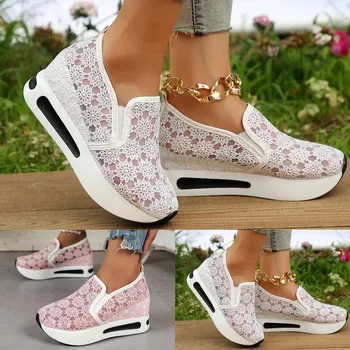 Ladies Wedge Vulcanized Shoes Fashion Breathable Walking Mesh Flat Shoes Hollow Flower Thick Sole Casual Sports Rocking Shoes 1