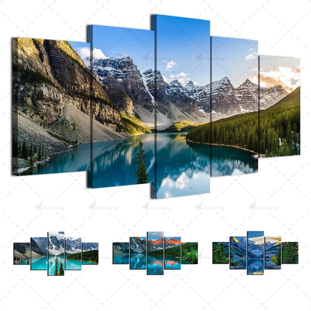 

Картина с пейзажем, 5 шт., озеро, горы, холст, настенная живопись, плакаты с изображением деревьев современный природный пейзаж для гостиной