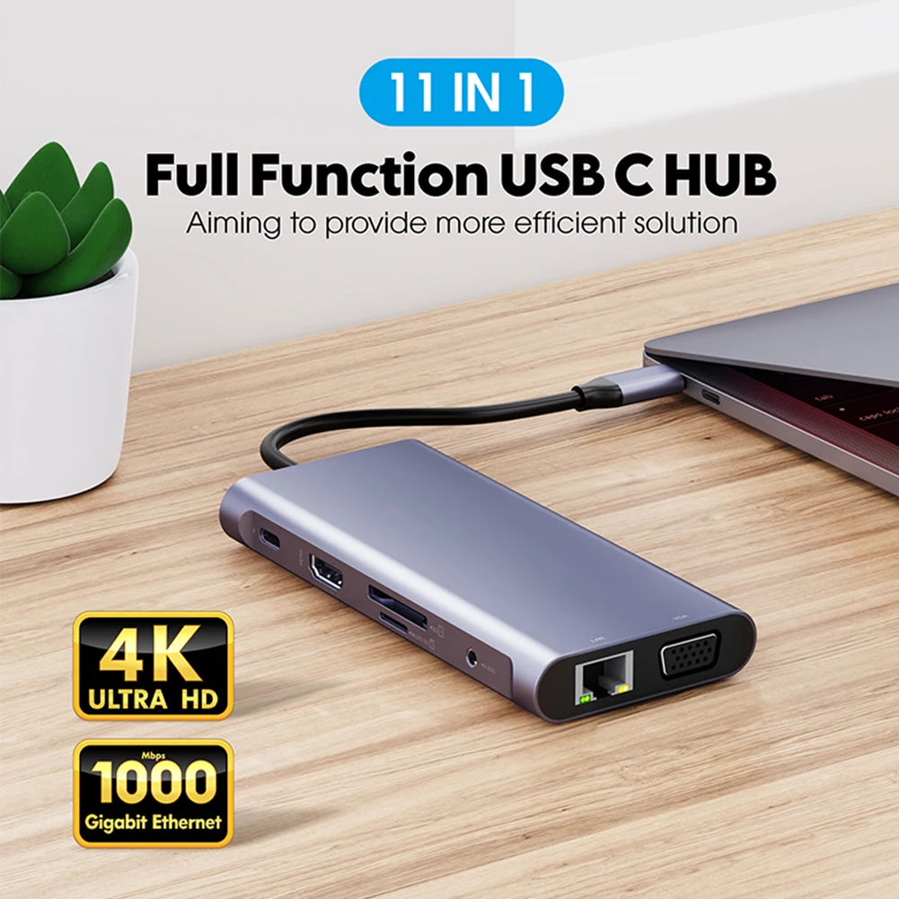 

11 в 1 Type-C USB C до 4K HDMI-совместимый концентратор с TF-памятью VGA RJ45 USB 3.0 Port Splitter Адаптер расширения для ноутбука Док-станция
