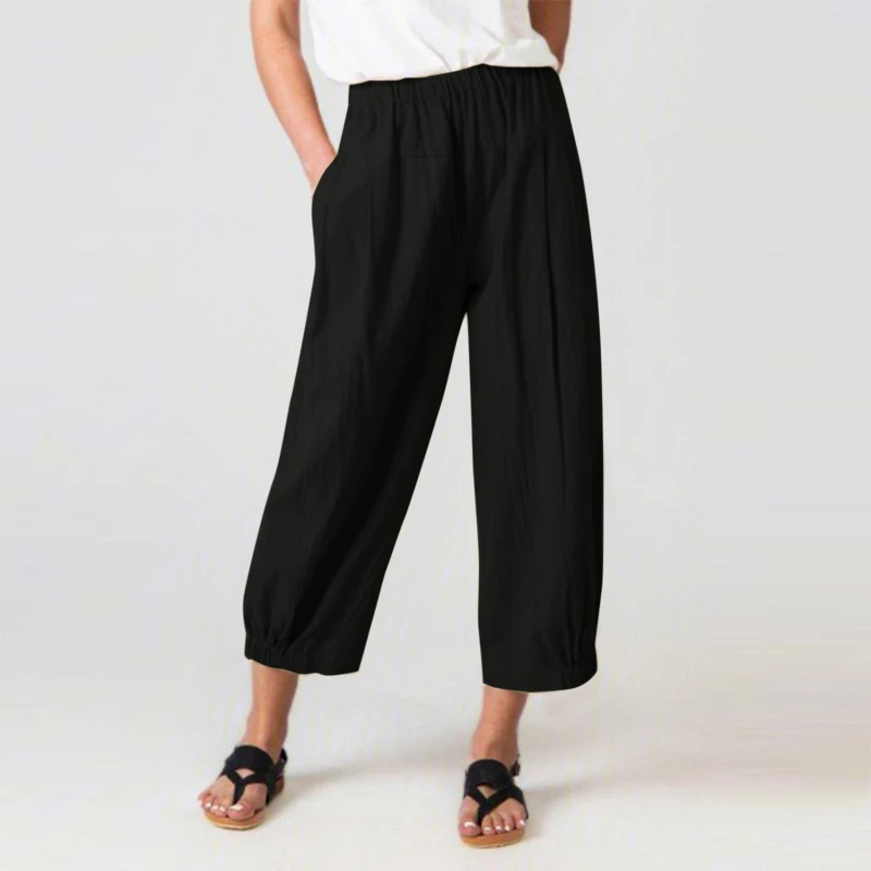 

Summer Casual Cotton Linen Harem Pants Women Loose High Waist ElasticPants Solid Lady Comfortable Breathable Trousers