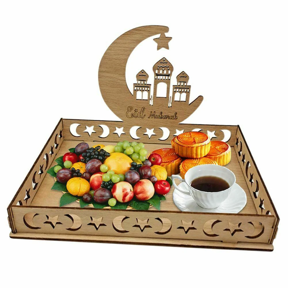 

1PC Wooden Eid Mubarak Food Tray Home Storage Ornament Islamic Muslim Party Decoration Plate Eid Mubarak Gifts Eid Al Adha