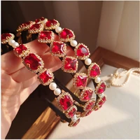 luxury red rhinestone pearl hairbands women hand made europe court party delicated headband headwear female hair accessories