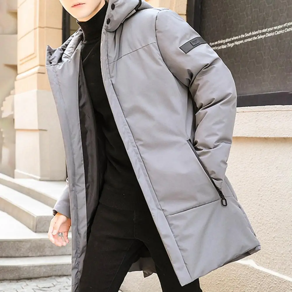 Men Winter Coat Thicken Mid Length Solid Color Padded Hooded Keep Warm Zipper Pockets Plus Size Winter Cotton Coat for Outdoor