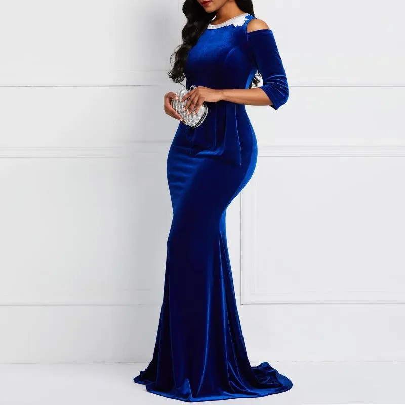 

Blue Velvet Formal Evening Dresses Mermaid Jewel 3/4 Long Sleeve Floor-Length Sweep Train long Zipper Plus Size Custom