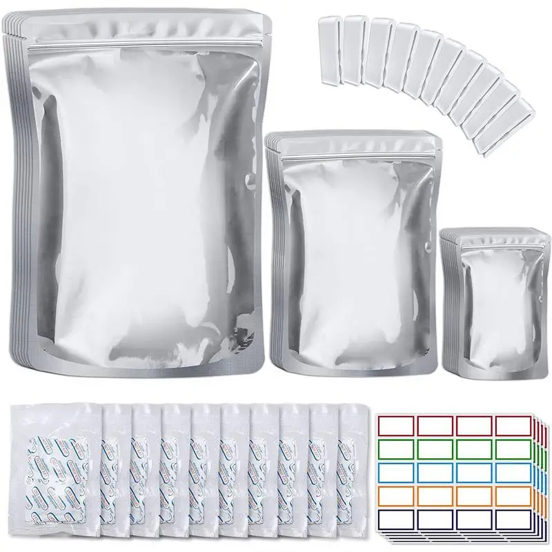 

Food Storage Packaging Bags Mylar Bags For Food Storage With 100x400CC Oxygen Absorbers 400cc And Labels 3 Layers Thicken
