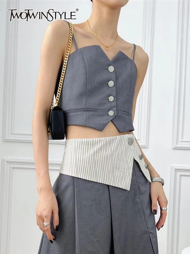 

TWOTWINSTYLE fashion gray camis for women v neck sleeveless solid minimaist sexy tank tops female usmmer clothing new 2022 style