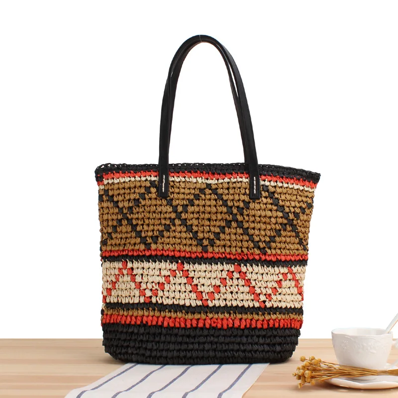 

Hand-woven Beach Bag Girl Decorative Bag Geometric Pattern Crochet One-shoulder Straw Bag New Ethnic Style Holiday Gift Bag