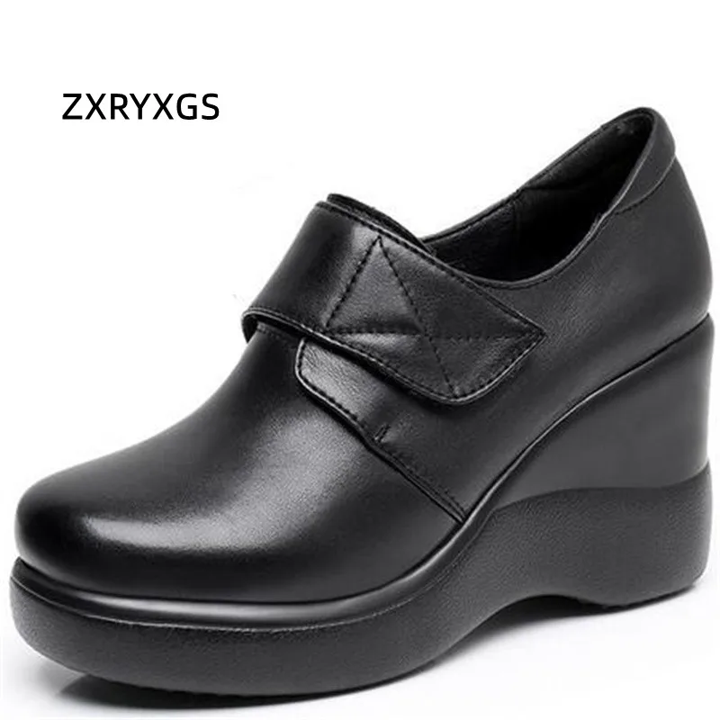 

ZXRYXGS Popular Top Cowhide Wedges Shoes Woman High Heeled Shoes 2023 Large Size Autumn Winter Shoes Comfort Light Tide Shoes