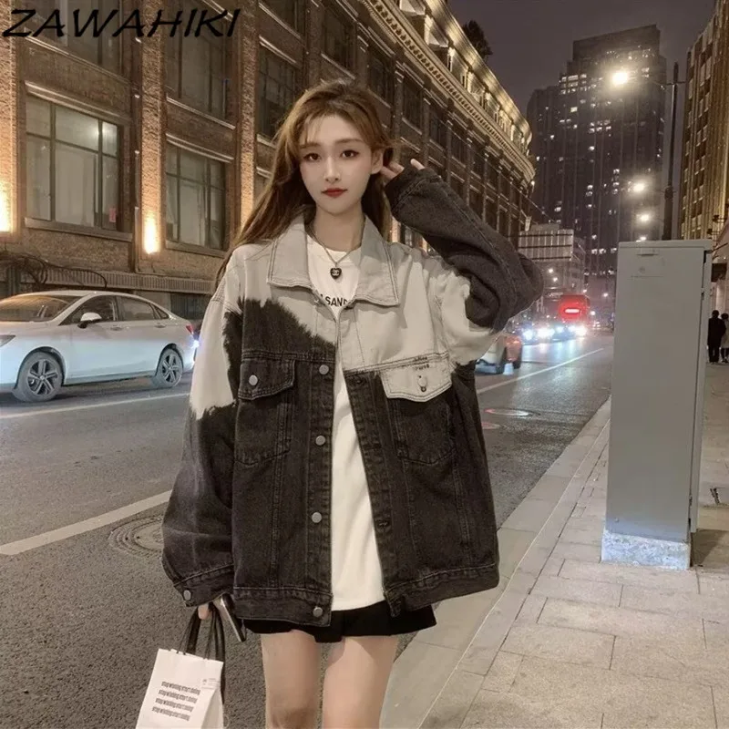

Spring Autumn Gradient Loose Long Sleeve Korean Denim Women Jackets American Retro Lovers Contrast Color Casual Chic Streetwear