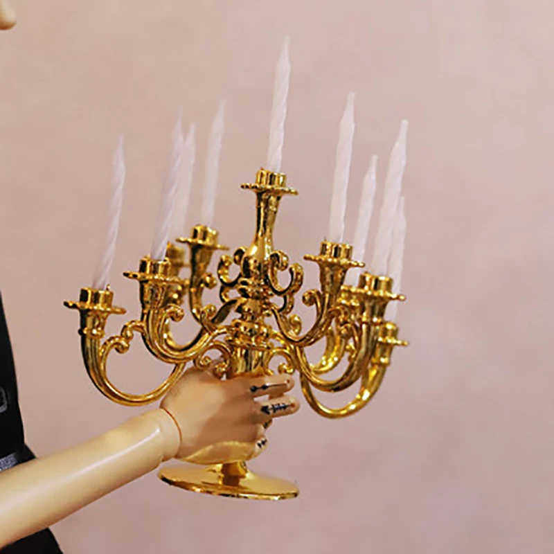 1Set Dollhouse Miniature Candles and Candlestick Birthday Party Cake Candle Holders Toppers For Dollhouse Decoration