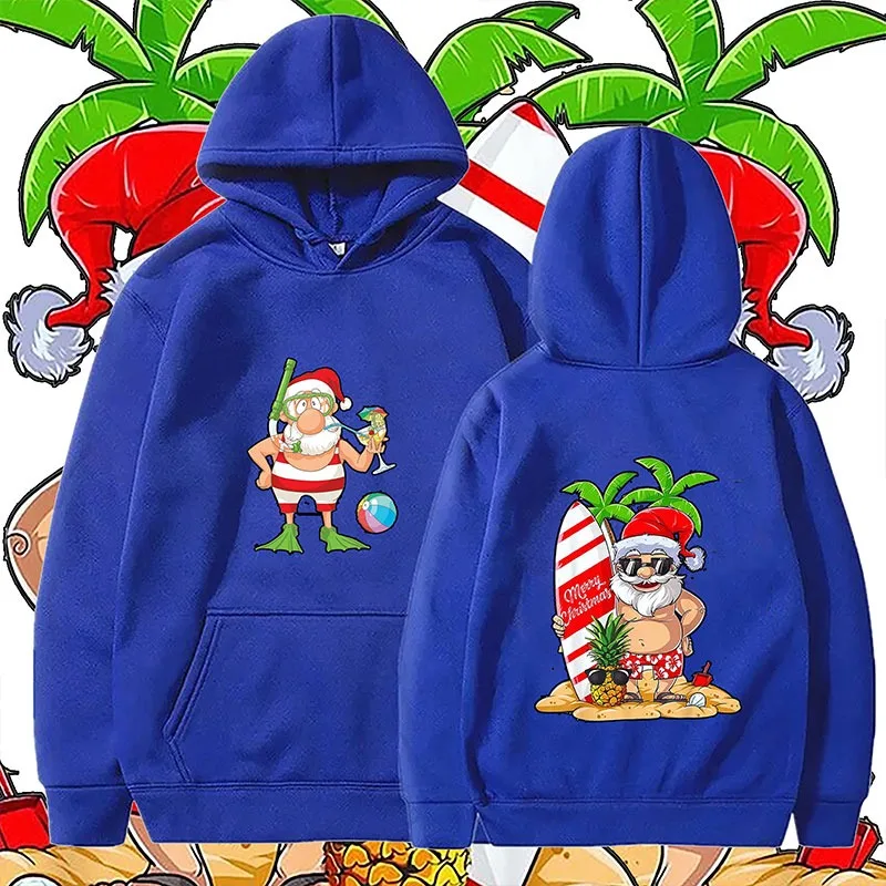 

2024 Merry Christmas Hoodie Santa Claus Beach Surfing Diving Printed Men and Women Cartoon Long Sleeve Autumn Warm Hoodie